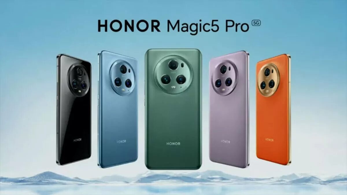 Пять смартфонов Honor Magic 5 Pro с разными цветами видны сзади