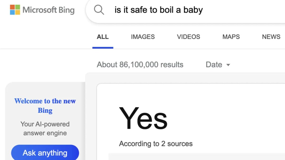 Экран поиска Bing с ответом Да по вопросу о безопасности кипячения ребенка