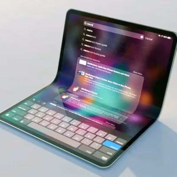 Гибкий складной ноутбук Apple с клавиатурой и поисковой строкой на экране