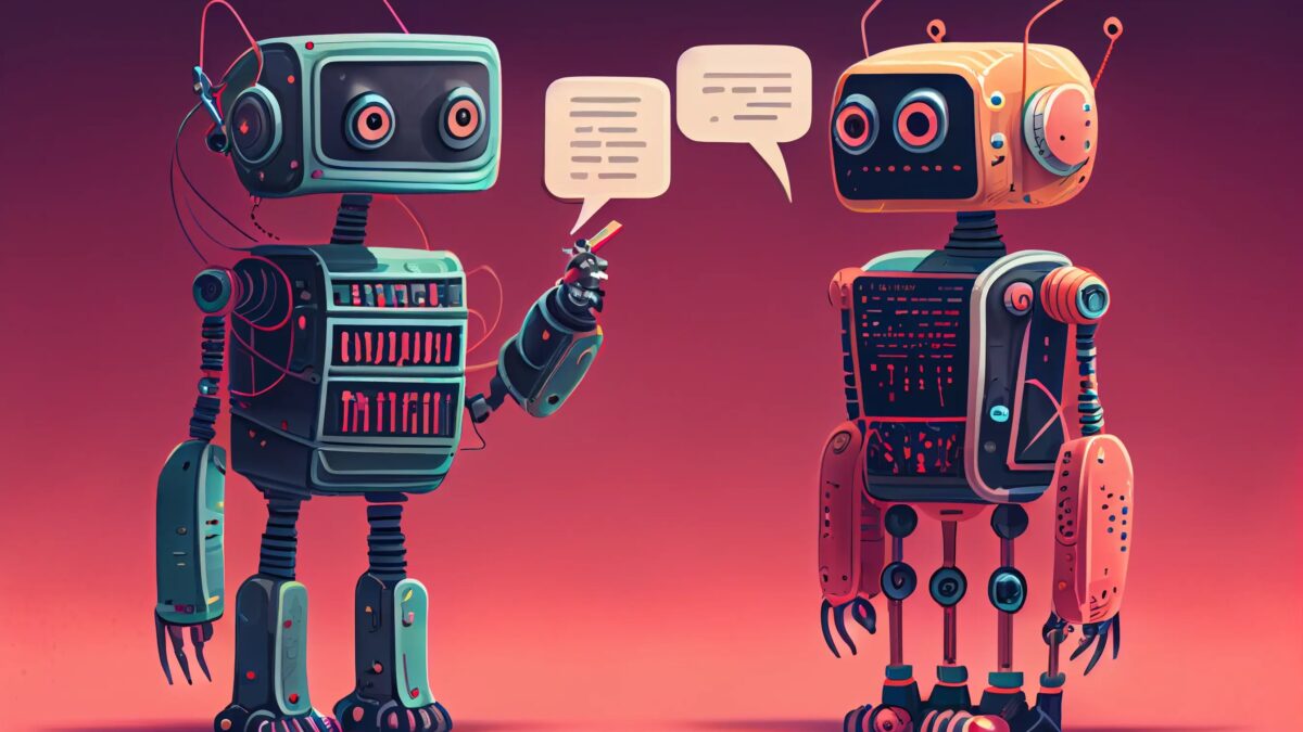 Два анимированных робота с экранами и антеннами, иллюстрация будущего поиска с ИИ