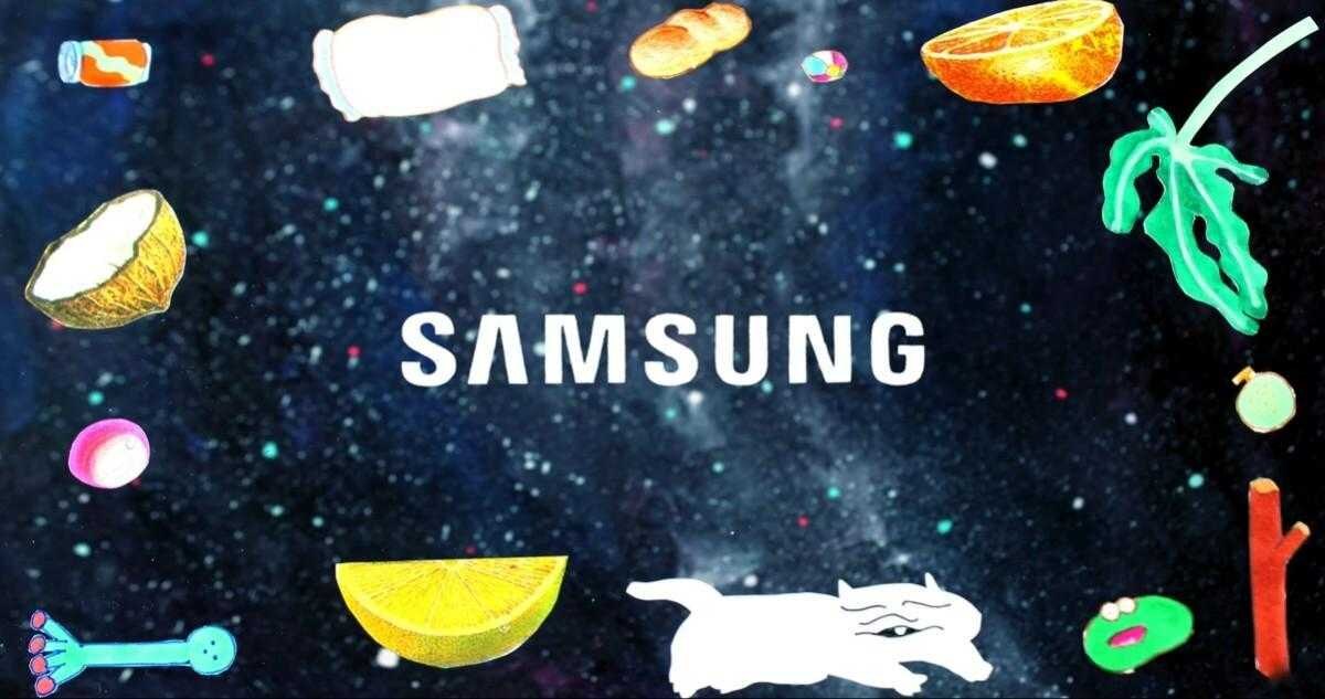 Обложка с логотипом Samsung и иллюстрациями фруктов для рингтона Over The Horizon на Galaxy S23