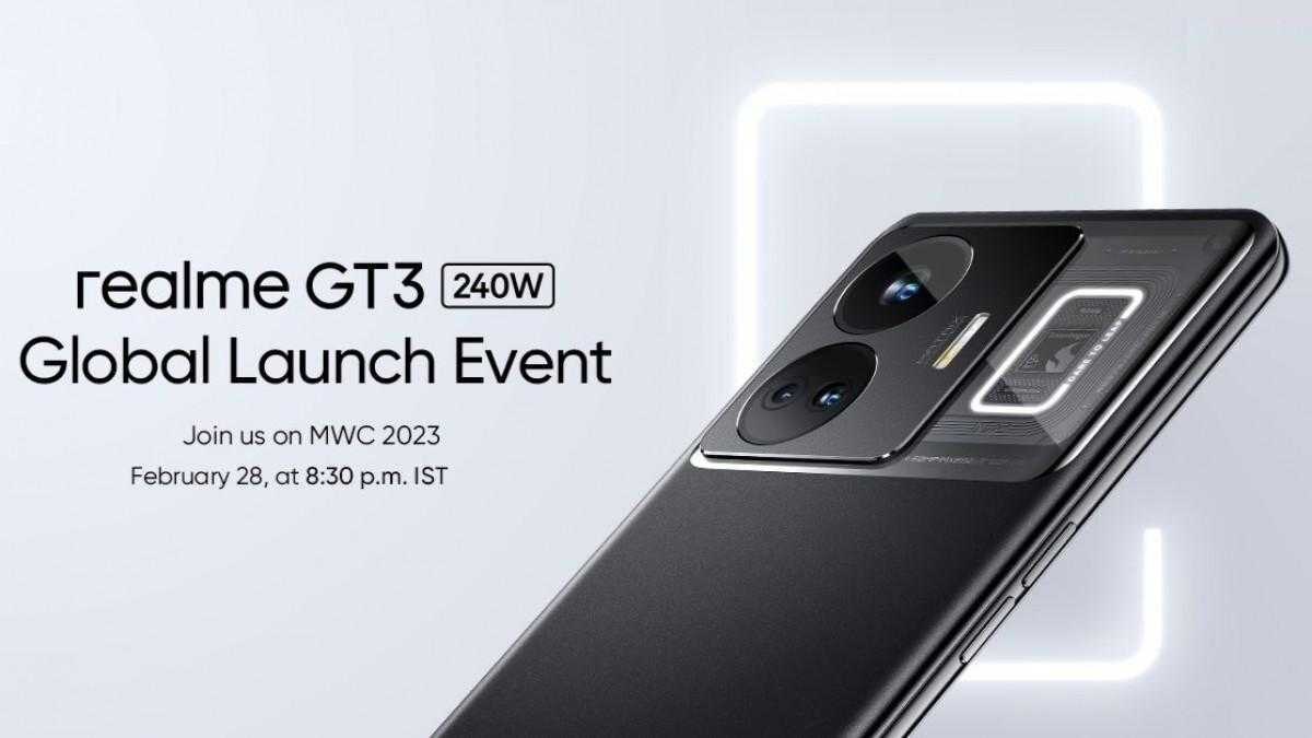 Рекламный баннер с изображением смартфона realme GT3 с крупными камерами и подсветкой