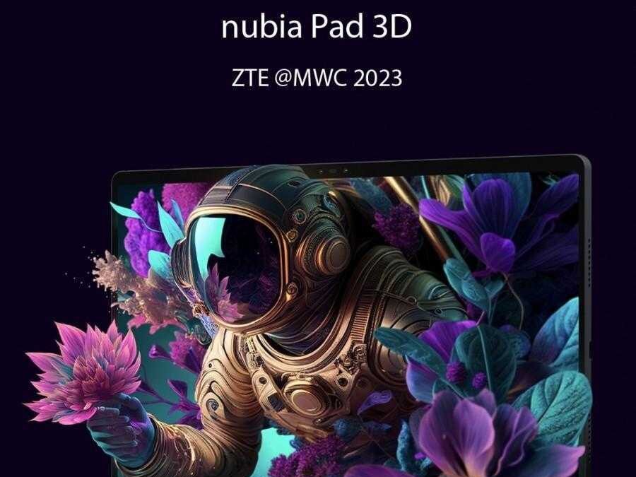 Рекламное изображение планшета nubia Pad 3D с цветочным дизайном и изображением человека в скафандре