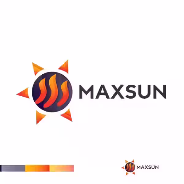 Логотип MaxSun с стилизованным солнечным символом и тепловым эффектом на фоне