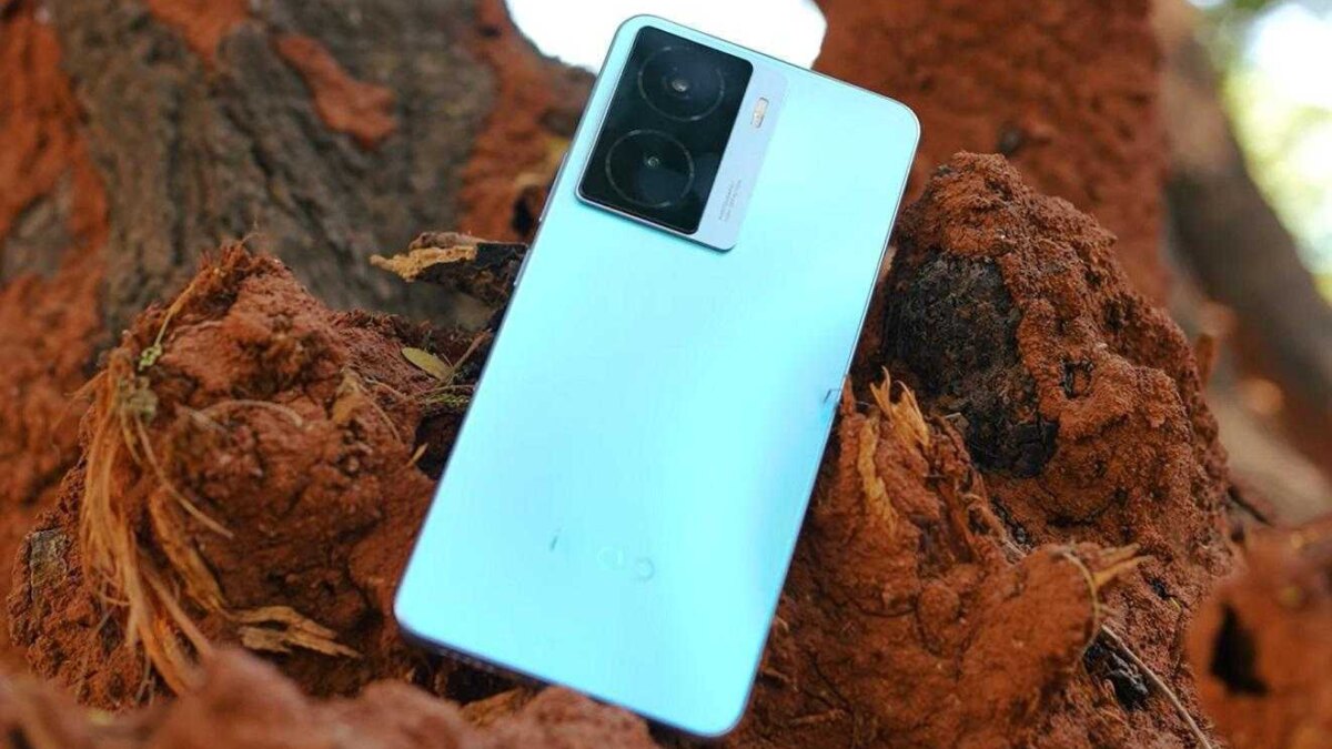 Смартфон iQOO Z7 лежит на коре дерева с корнями