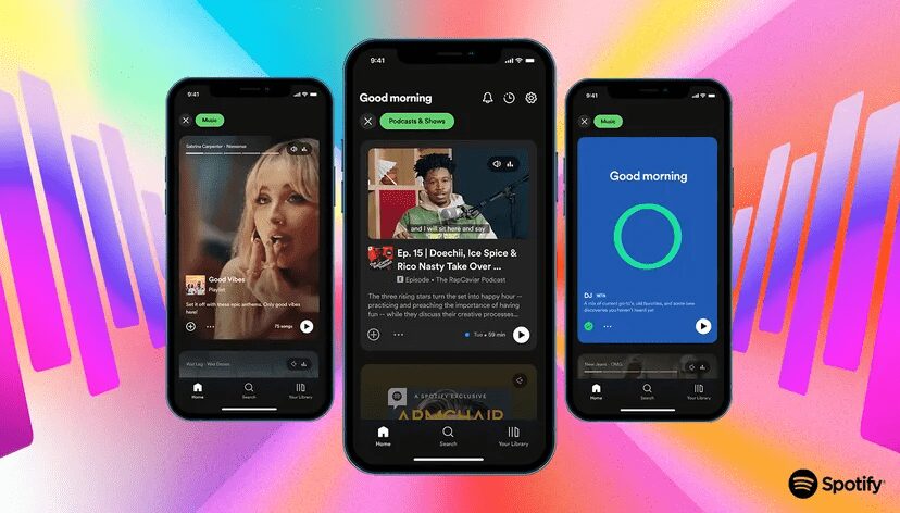 Три смартфона с обновленной главной страницей приложения Spotify