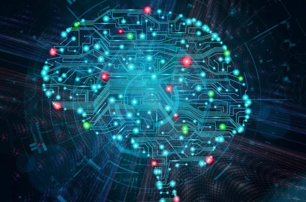 Цифровой мозг с множеством светящихся узлов и линий