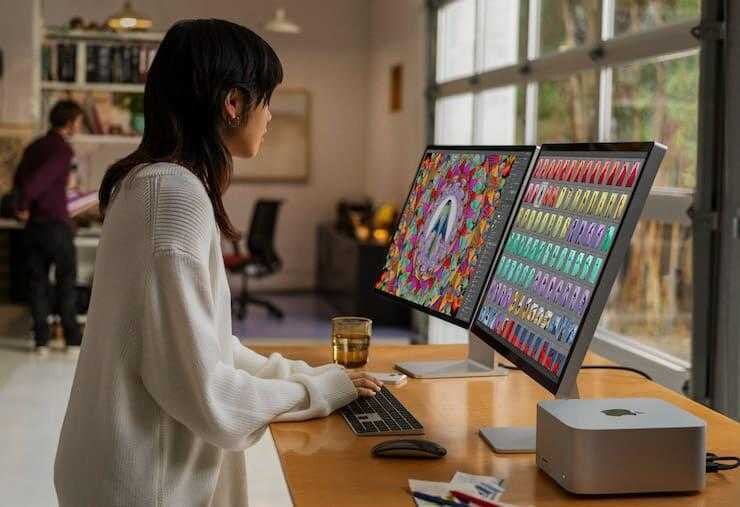 Женщина с двумя мониторами Mac Studio на рабочем столе
