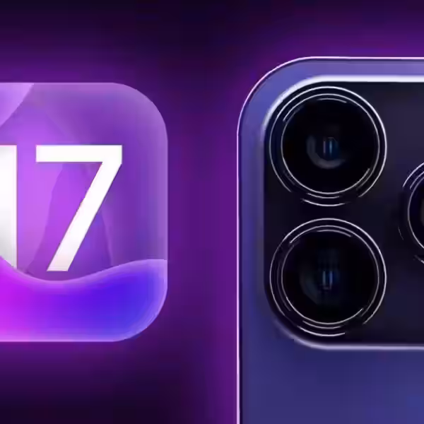 Иконка обновления iOS 17 рядом с тыльной стороной iPhone 15 Pro