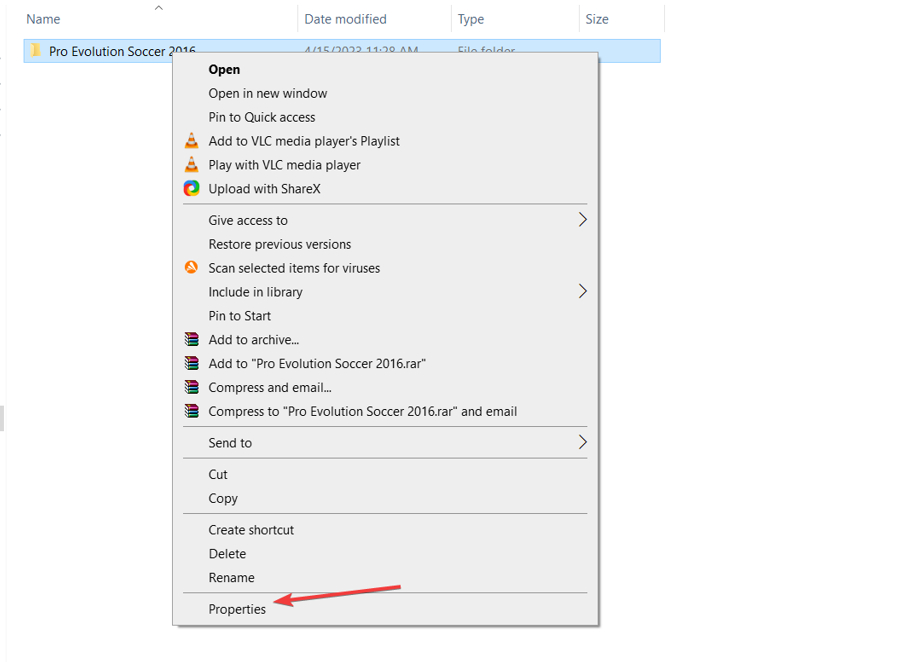 Контекстное меню Windows 10, вкладка Свойства для папки Pro Evolution Soccer 2016