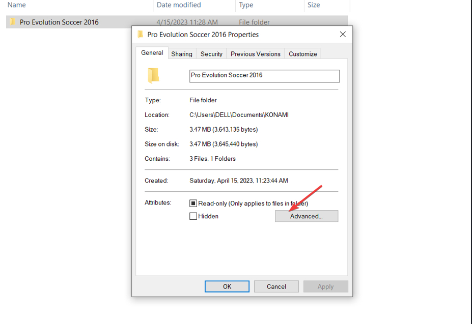 Окно свойств папки Pro Evolution Soccer 2016 с кнопкой Advanced