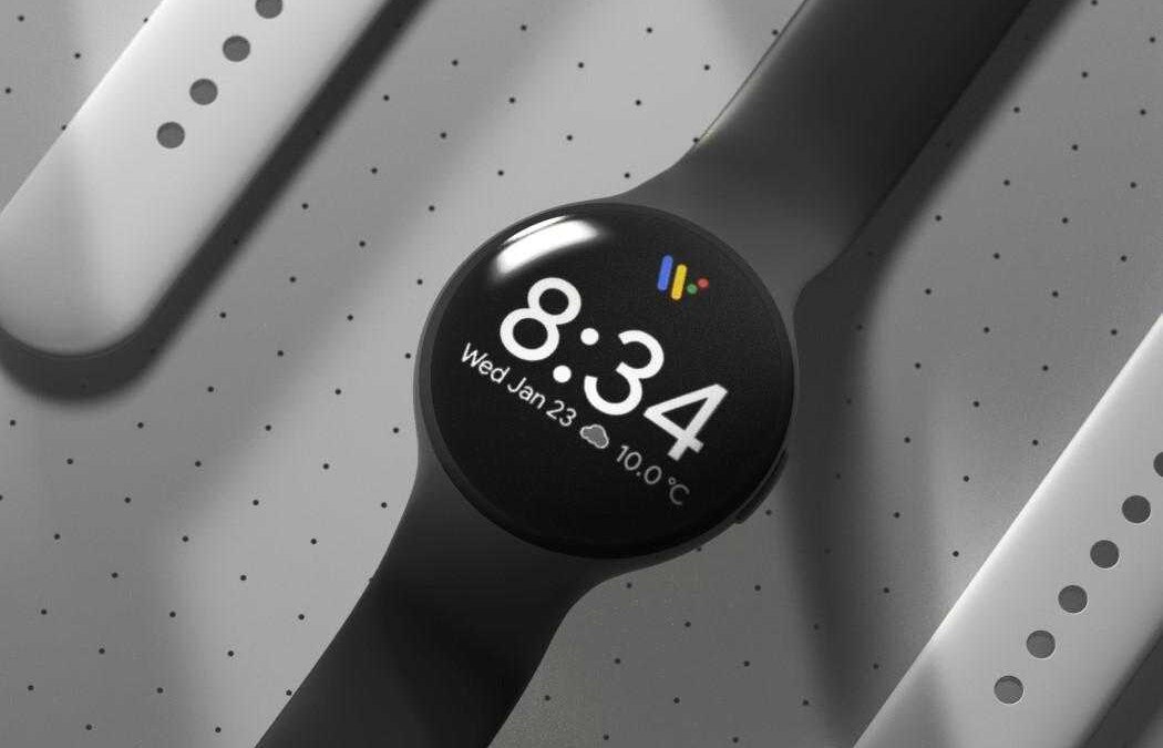 Умные часы Google с круглым дисплеем и интерфейсом показывающим время и погоду