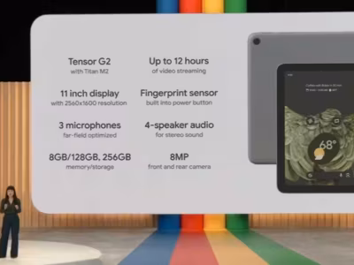 Google Pixel Tablet на экране с док-станцией в комплекте, демонстрация функций планшета