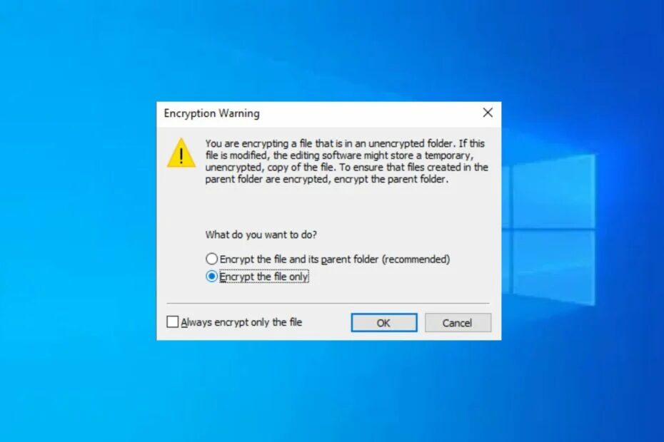 Окно предупреждения шифрования папки в Windows 10