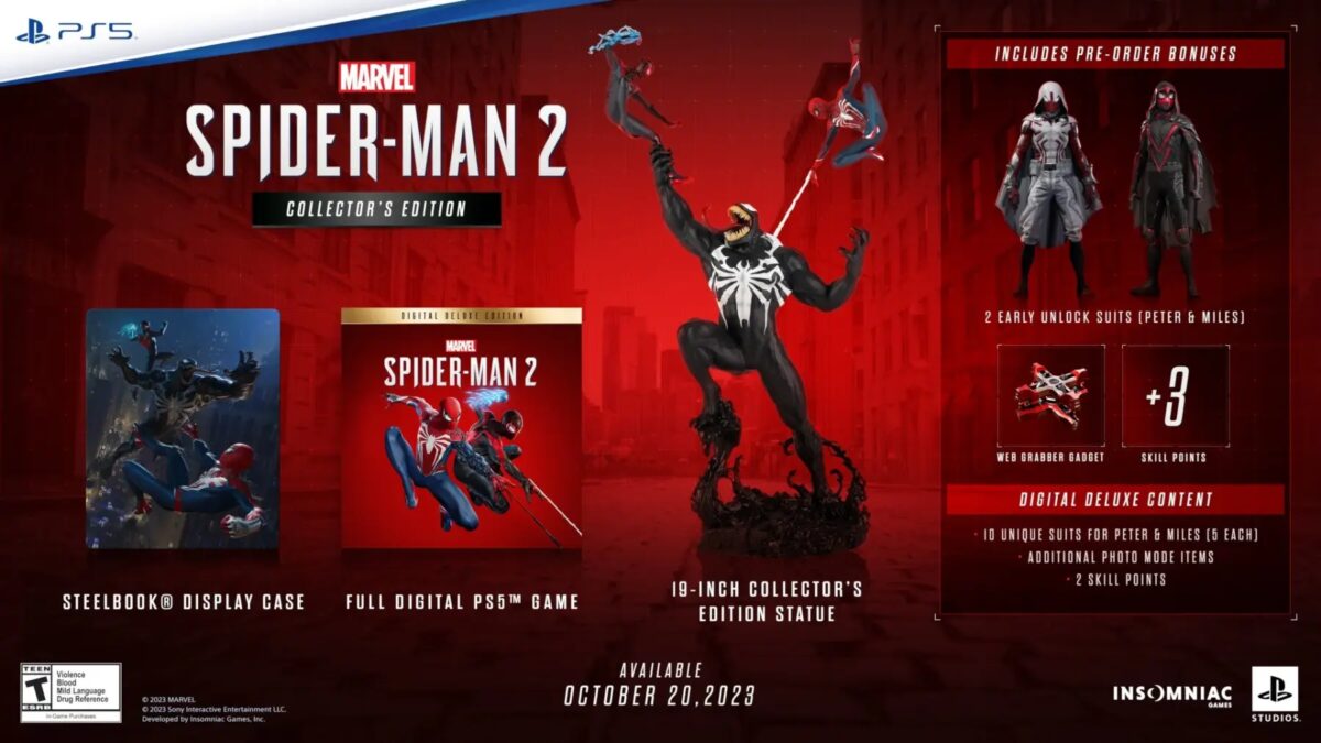 Изображение рекламной кампании игры Marvel Spider-Man 2 для PS5 с изображением статуи и двух персонажей на заднем плане