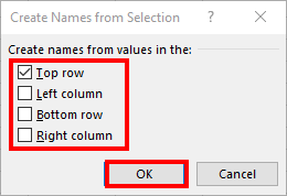 Как присвоить имя диапазону в Microsoft Excel (create from selection 03 check top row)