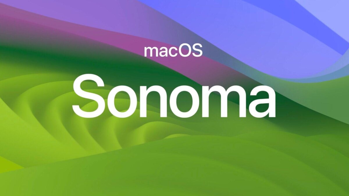 Обзор фона с названием macOS Sonoma на экране компьютера