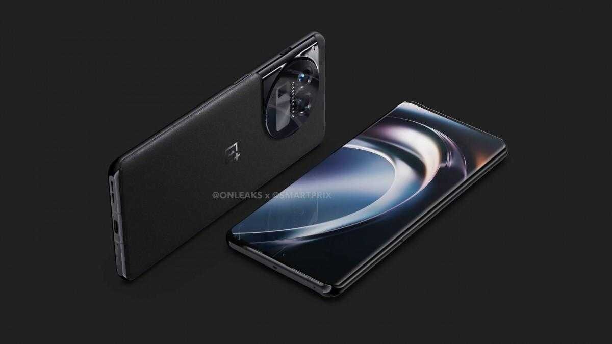 Смартфон OnePlus 12 на рендерах: задняя камера и фронтальный экран на черном фоне