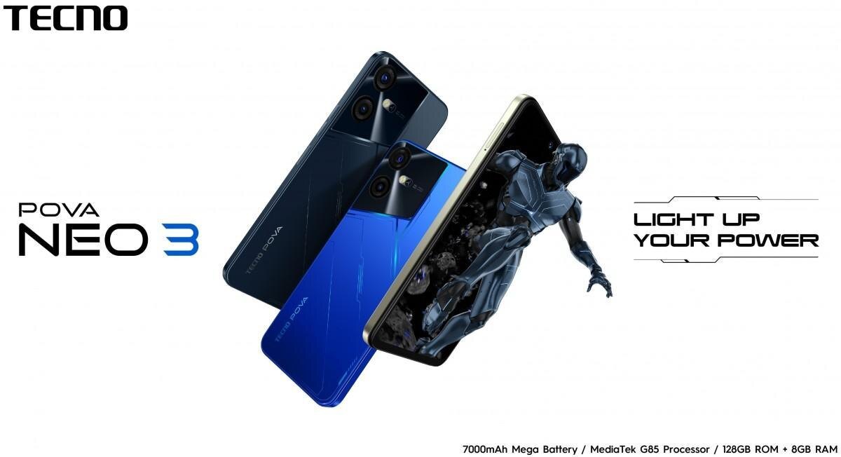 Смартфон TECNO Pova Neo 3 с тремя камерами и синим корпусом