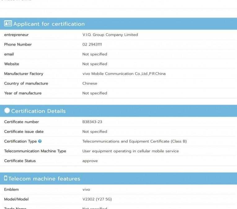 vivo Y27 5G и обновлённый Y27 4G появились на NBTC 6 vivo