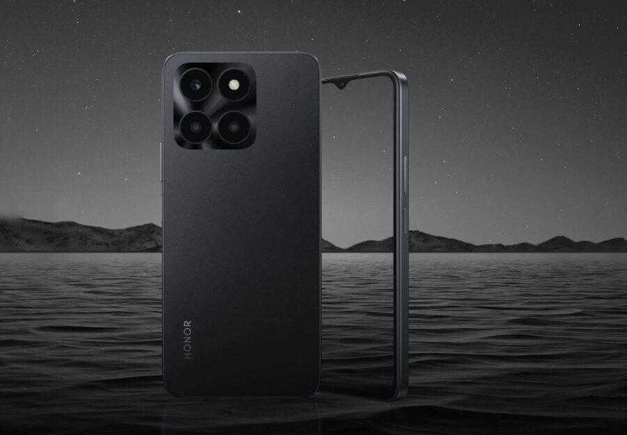 Смартфон Honor X6a с дисплеем 90 Гц и квадрокамерой сбоку, лицевой панелью и рамками по краям