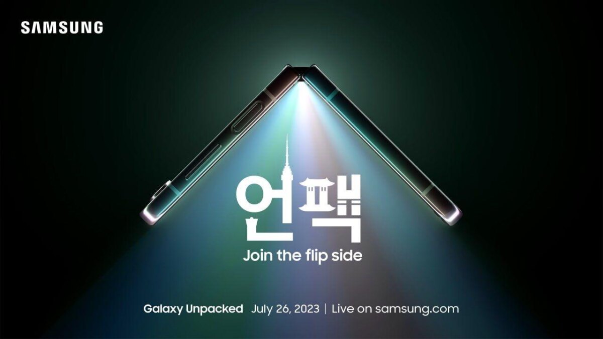 Смартфон Samsung Galaxy Unpacked с акцентом на складывающийся экран на фоне события 26 июля в Южной Корее