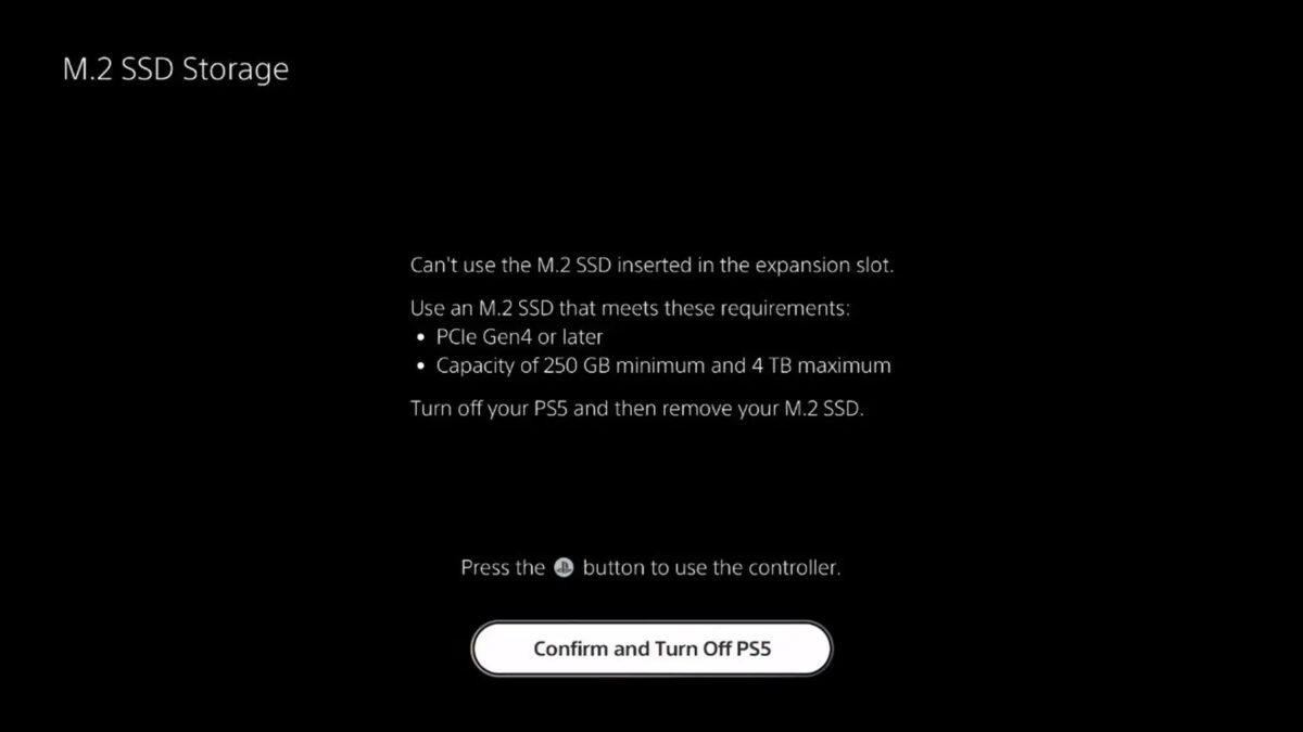 Сообщение о недопустимости использования M.2 SSD для PS5