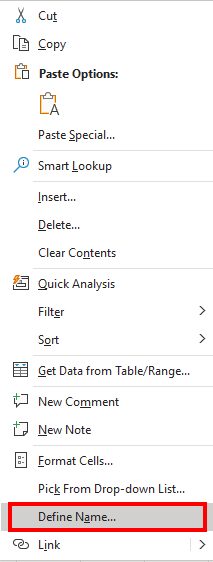 Как присвоить имя диапазону в Microsoft Excel 12 right click 02 define name