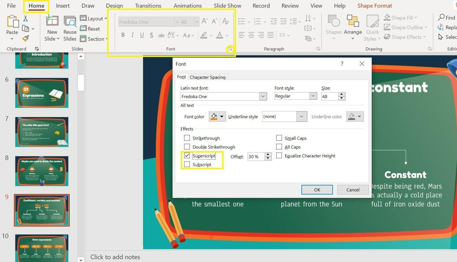 Как добавить надстрочные и подстрочные знаки в PowerPoint