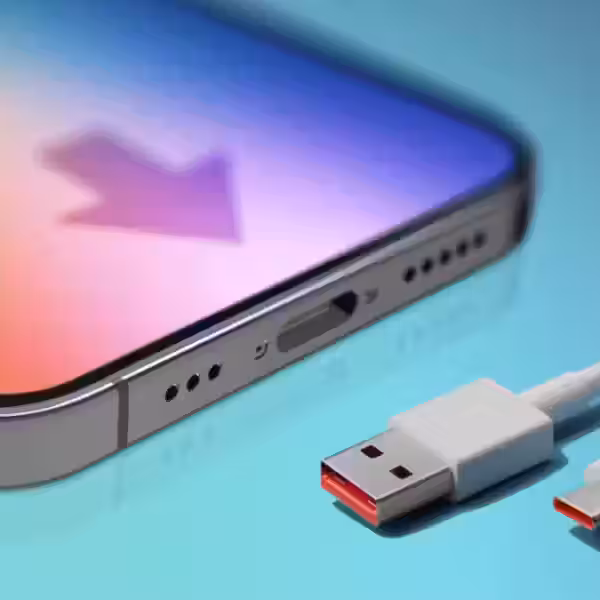 Разъем USB-C на iPhone 15 с кабелем сбоку
