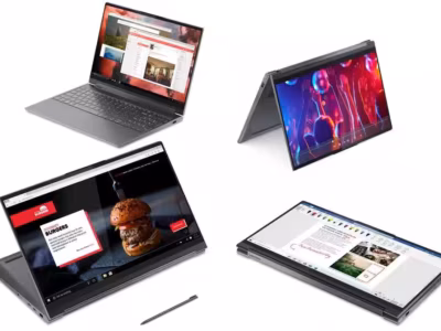 Четыре ноутбука Lenovo Legion 9i в разных режимах отображения и темных ракурсах