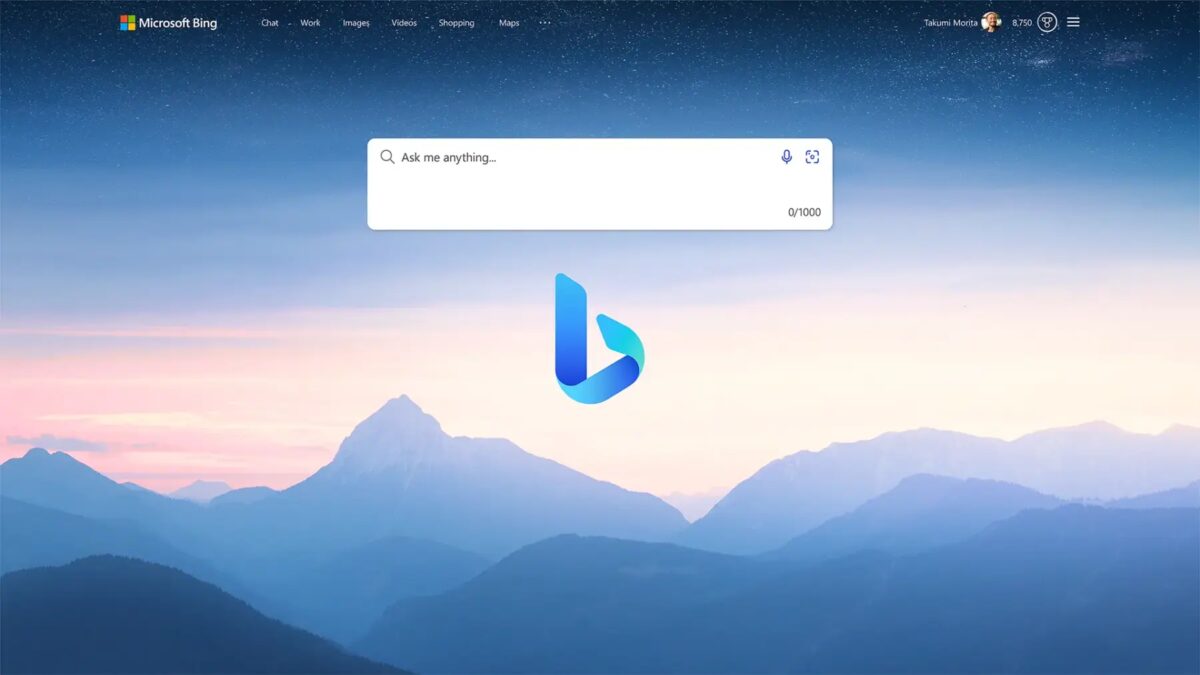 Интерфейс браузера Bing: главная страница с горным фоном, навигацией и меню Microsoft