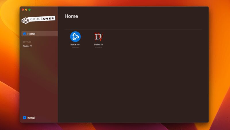 Программа CrossOver для Mac с иконками игр Diablo IV и Battle.net на темном фоне