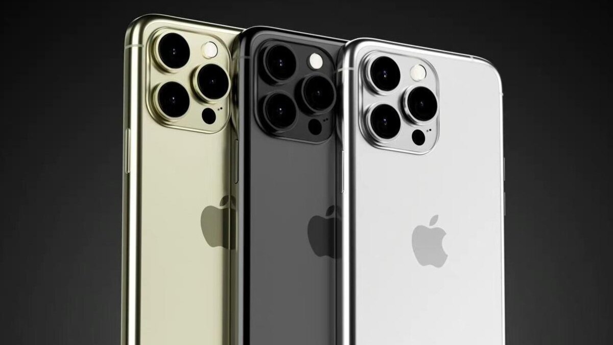 Три цветные модели iPhone 15 Pro с камерой и логотипом Apple