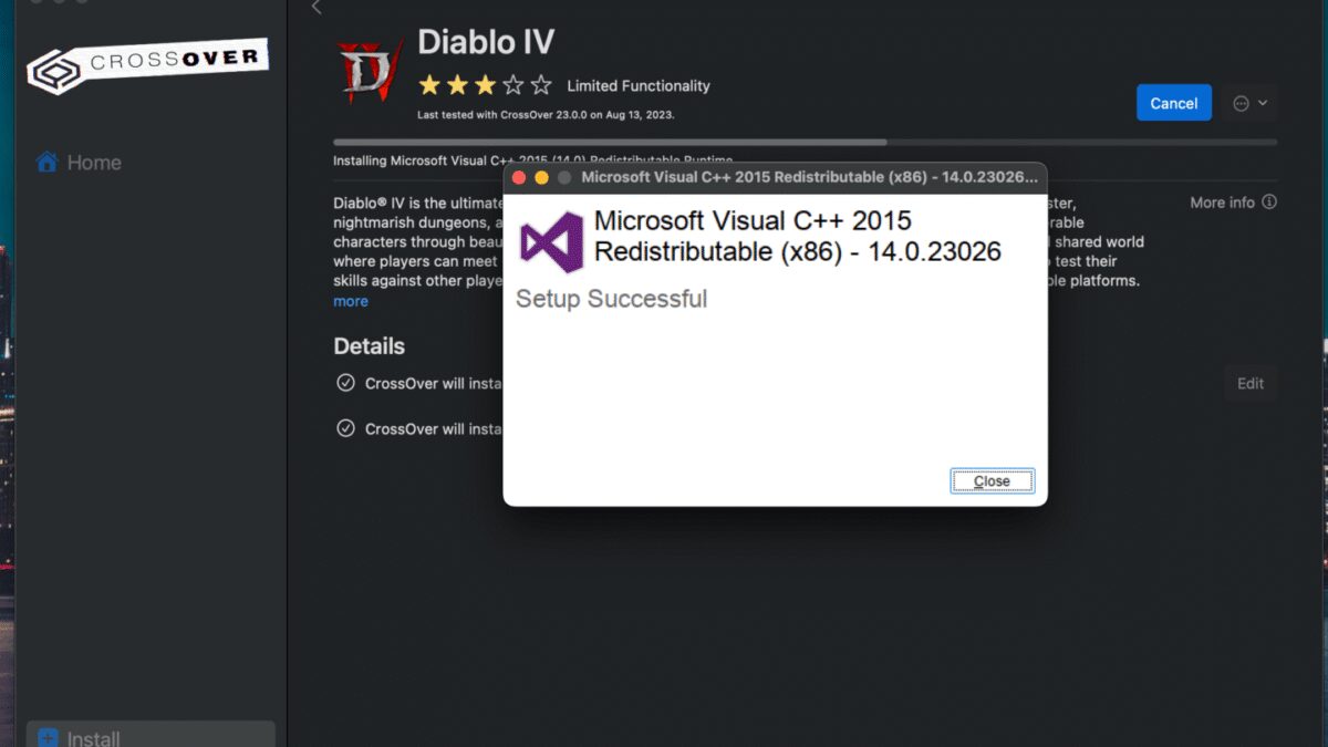 Экран установки CrossOver для Mac с успешной установкой Microsoft Visual C++ 2015 Redistributable