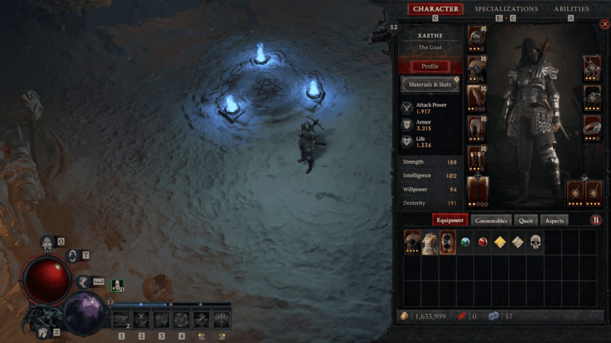 Персонаж в игре на экране с интерфейсом Diablo 4 на Mac c поддержкой DirectX 12