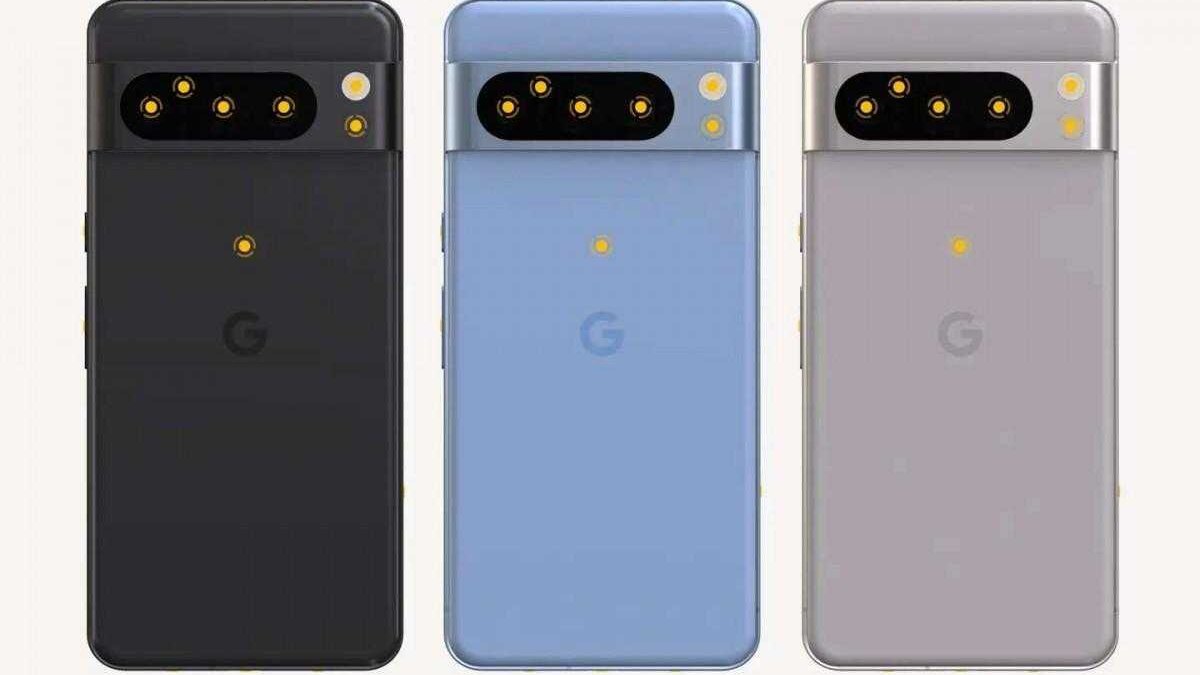 Три вида задней панели Google Pixel 8 Pro в трех цветах