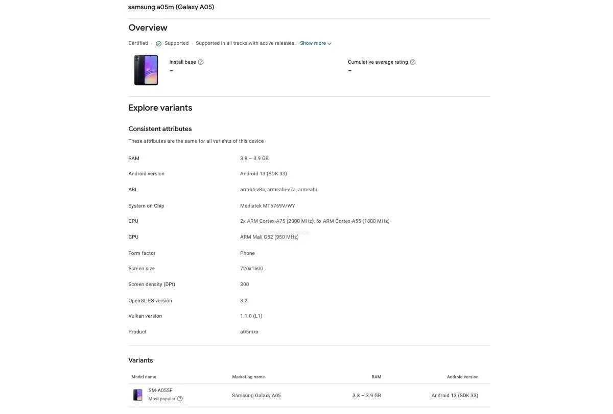 Листинг Samsung Galaxy A05 в Google Play Console подтвердил дизайн и технические характеристики (gsmarena 002 31)