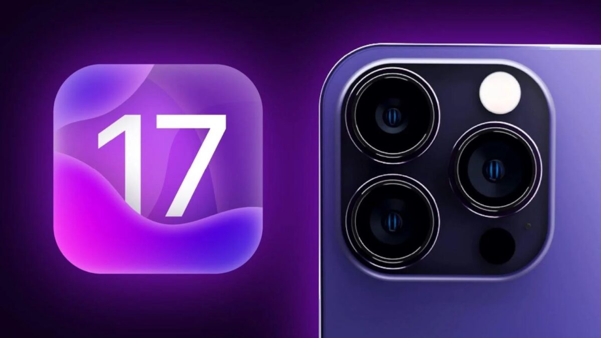 Значок обновления iOS 17 на экране iPhone 15 на фоне загрузки обновления iPadOS 17