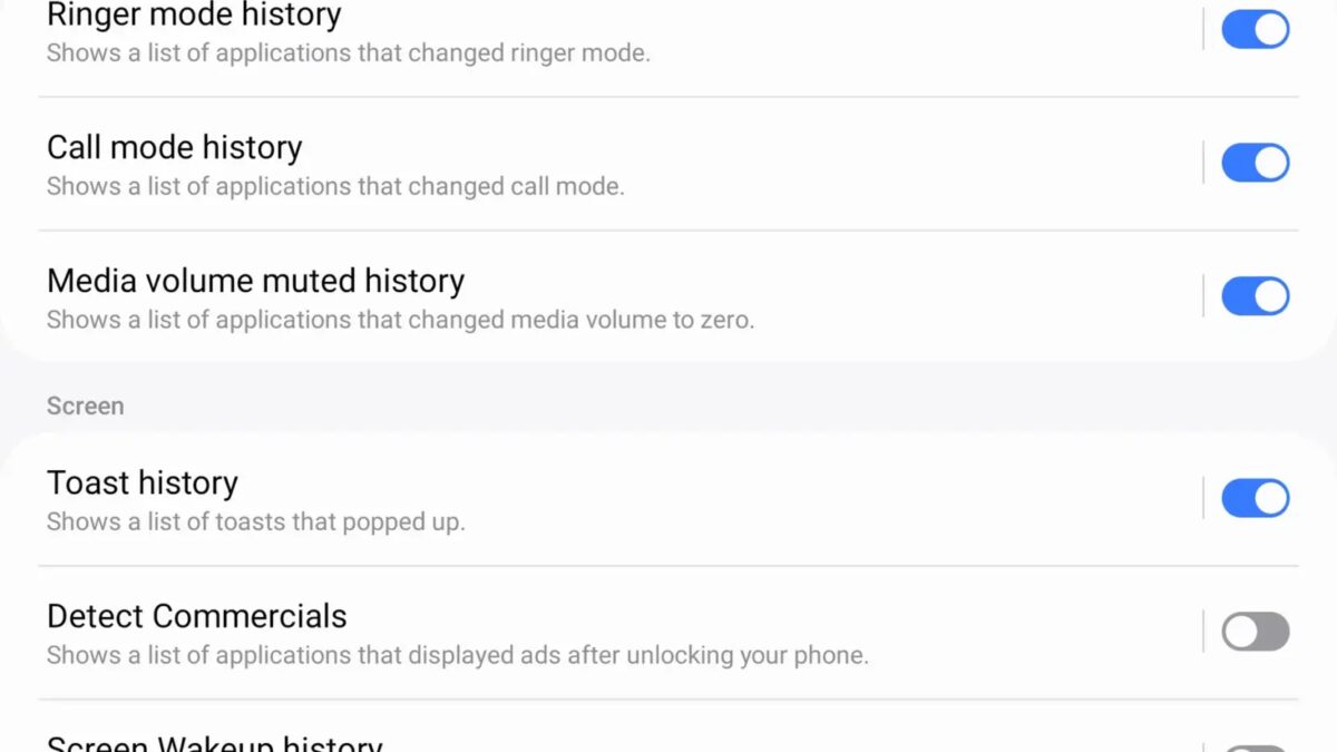 Настройки приложения Nice Catch на смартфоне Samsung с переключателями включения и выключения различных функций