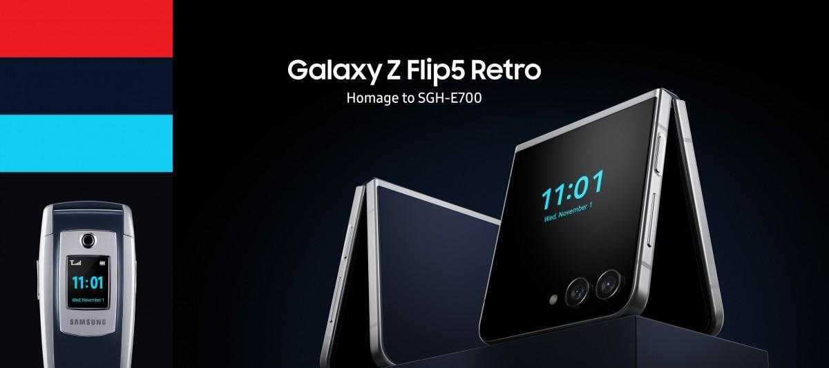 Обзор складного смартфона Samsung Galaxy Z Flip5 Retro, открыт в раскрытом виде с дисплеями и камерами