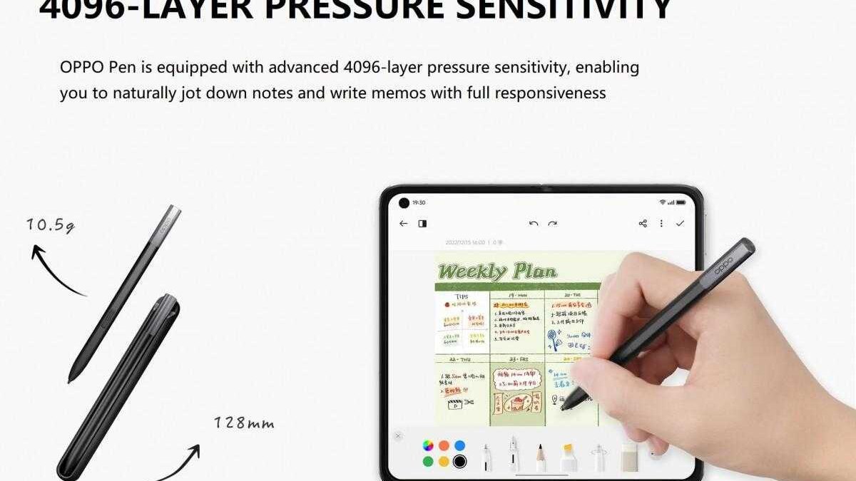 Стилус OPPO Pen с технологиями 4096 уровней давления вставлен в смартфон OPPO Open демонстрируется интерфейс заметок