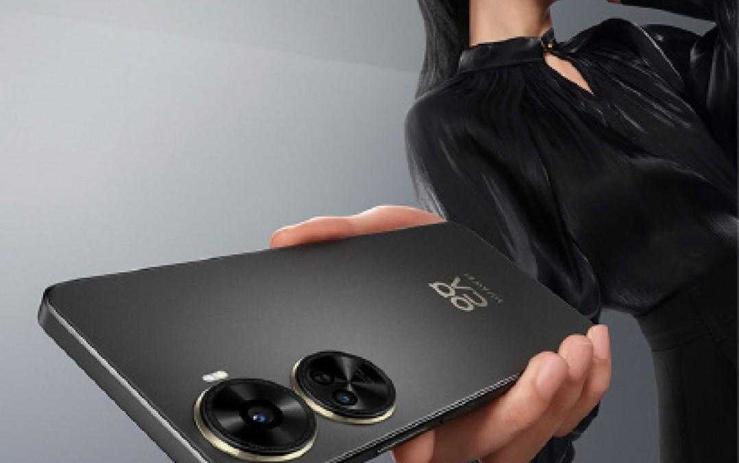 Камера смартфона Huawei nova 11 SE с двумя объективами и золотой ободкой на черном корпусе