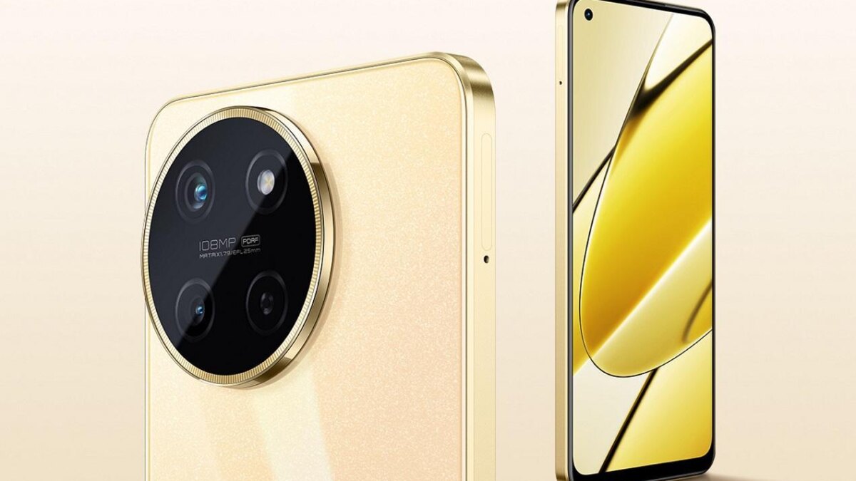 Золотой смартфон realme 11 с тройной камерой и дисплеем