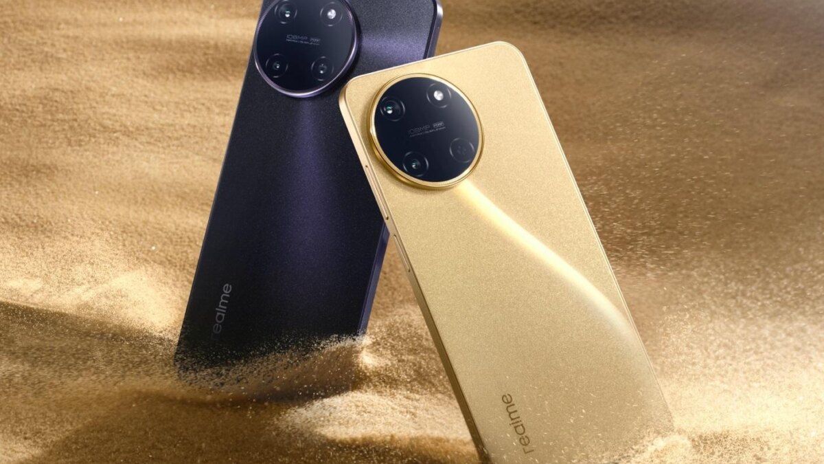 Два смартфона realme 11 в золотом и черном цветах