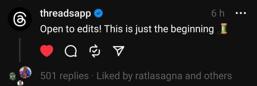 В Threads появилась кнопка редактирования, подписка не требуется 3 screenshot 20230707 104957 threads 1024x344 1
