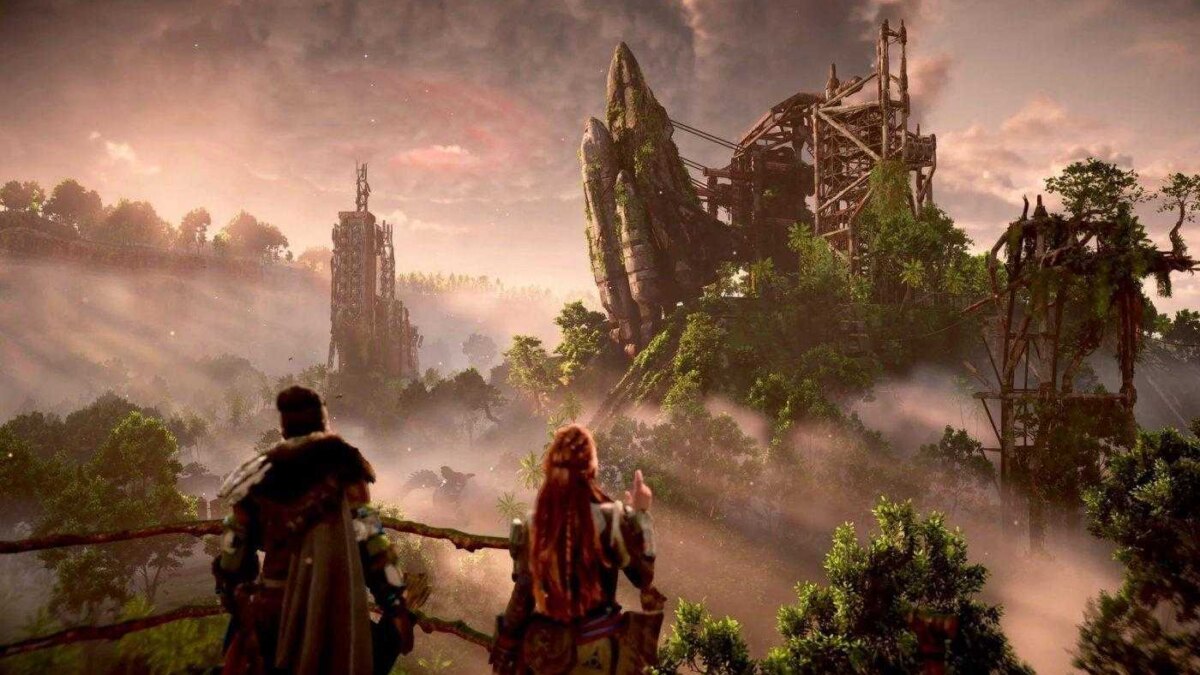 Два персонажа в MMORPG на фоне разрушенного корабля на природе