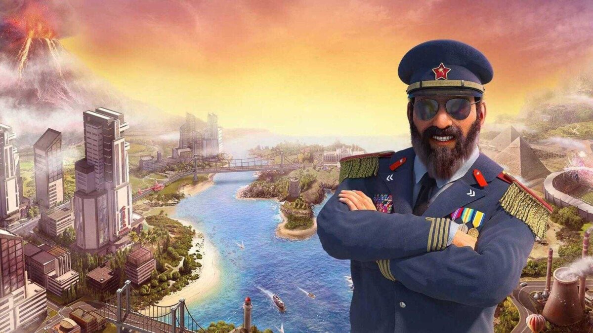Кадр из Tropico 6: Next Gen Edition — юморной диктатор и панель экономики с островной столицей