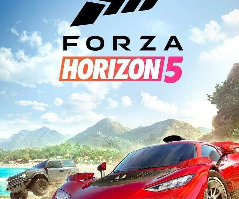 Логотип Forza Horizon 5 на фоне неба и гонок