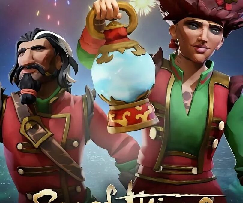 Игра Sea of Thieves на фоне салюта и персонажи в костюмах Xbox Series X